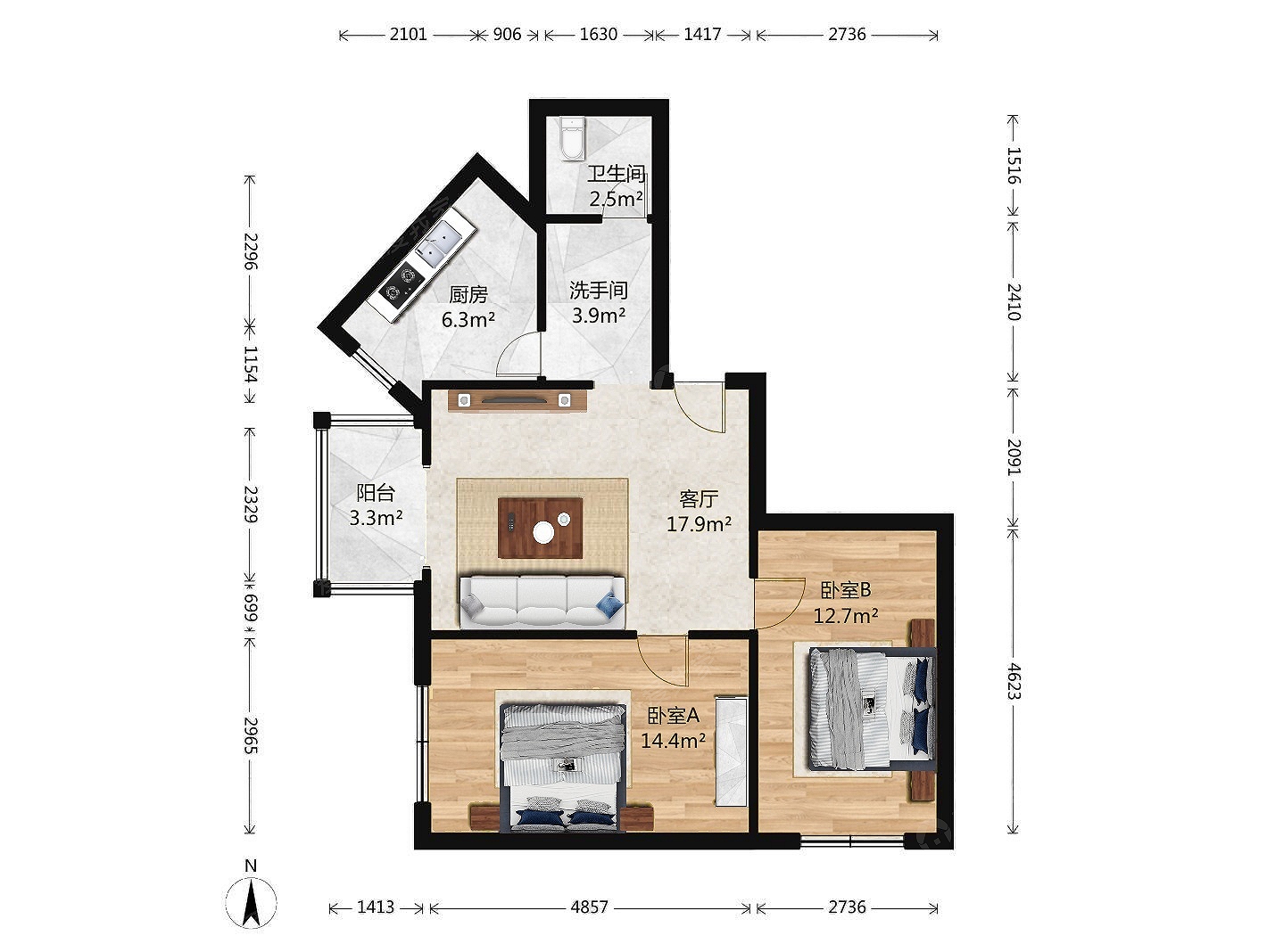泰华滨河苑2室1厅户型图