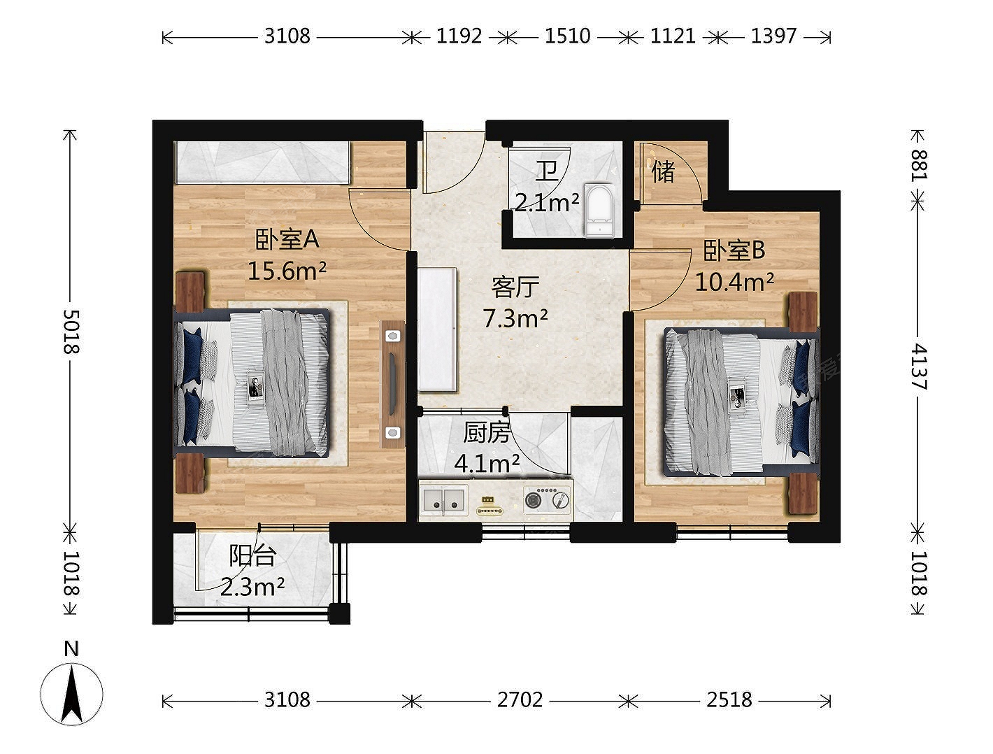朝阳门内大街203号院2室1厅户型图